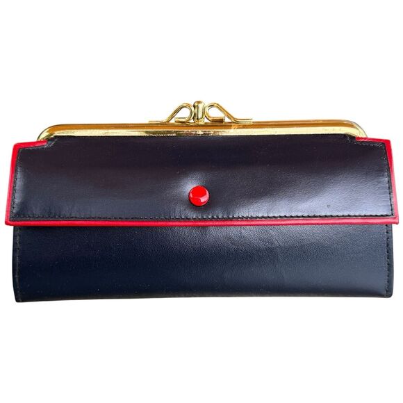 Vtg Leather Wallet Coin Purse Navy Blue Red Trim NOS 60s 70s Belle Brummel NOS - Picture 1 of 16